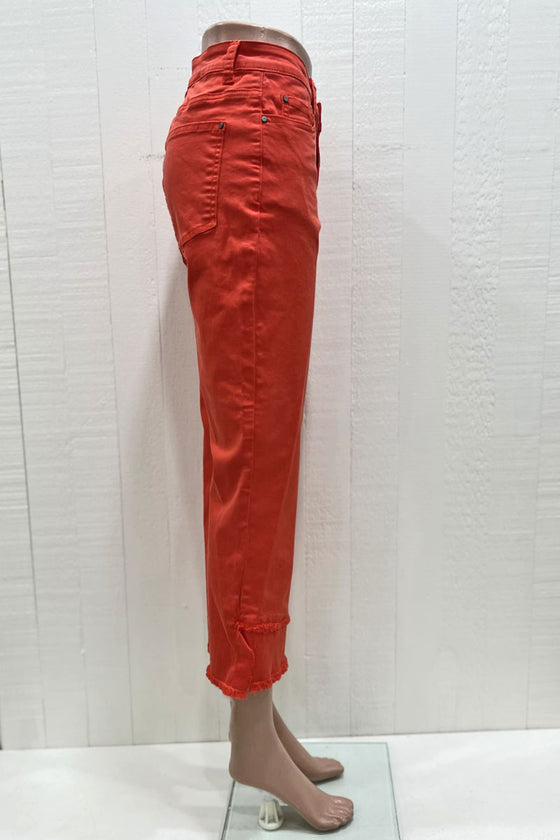 Tru Luxe Asymmetrical Fringe Kick Crop Jean in Red Orange