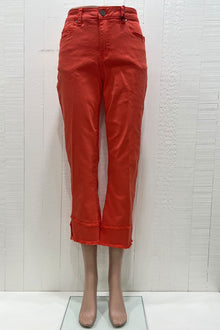  Tru Luxe Asymmetrical Fringe Kick Crop Jean in Red Orange