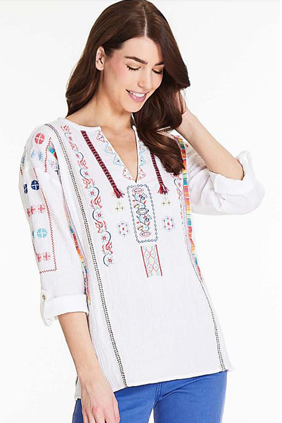 Tru Luxe Pull Over Henley With Embroidery and Trim in White