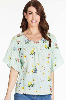  Tru Luxe V Neck Print and Embroidered Top in Aqua