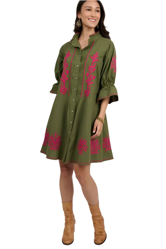 Uncle Frank By Ivy Jane Embroidered Fit & Flare Dress in Olive Style 73609