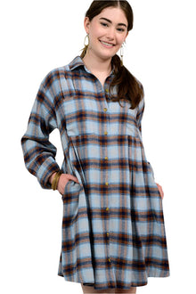  Uncle Frank By Ivy Jane Tucked and Plaid Shirt Dress in Blue Style 73606