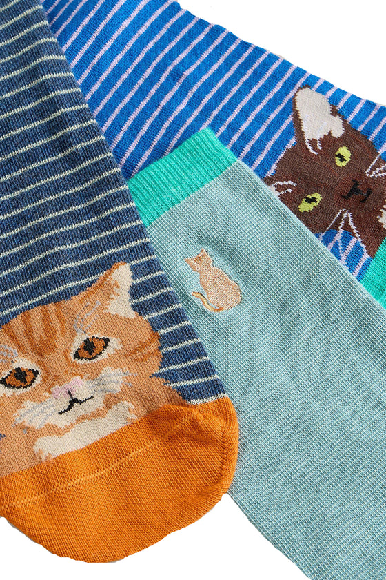 White Stuff 3 Pack Cat Pals Ankle Socks in Blue Multi