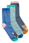 White Stuff 3 Pack Cat Pals Ankle Socks in Blue Multi