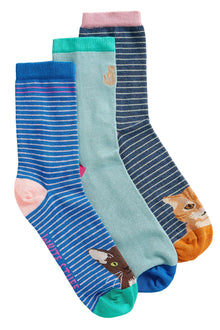 White Stuff 3 Pack Cat Pals Ankle Socks in Blue Multi