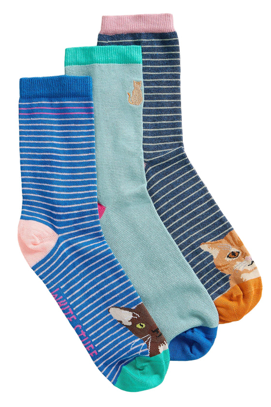 White Stuff 3 Pack Cat Pals Ankle Socks in Blue Multi