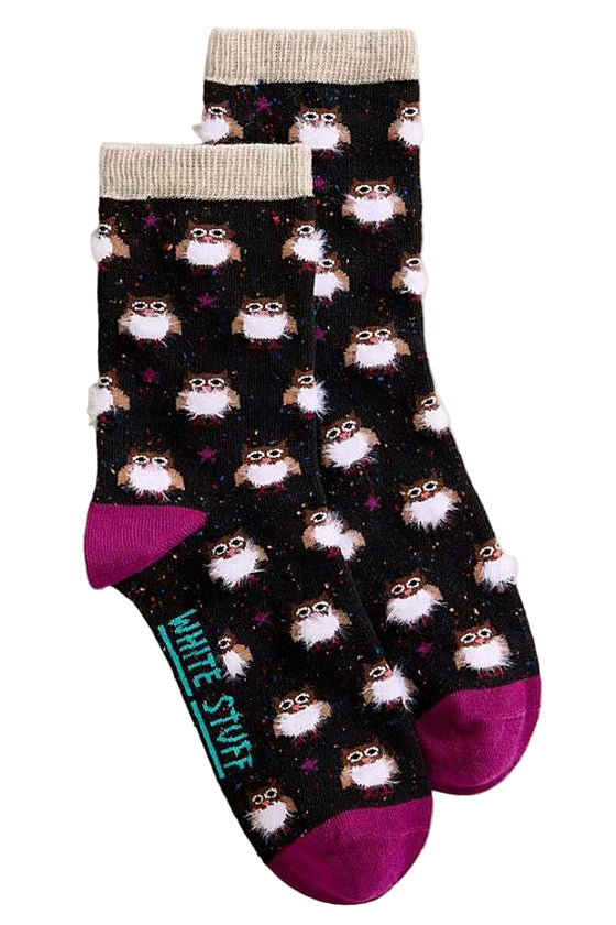 Pair of socks with owl pattern on a light gray background