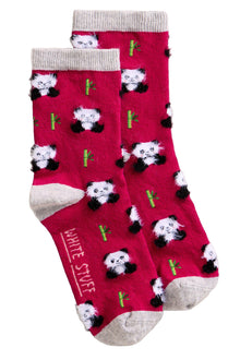  Red socks with panda design on a light gray background