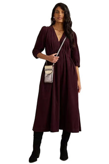  White Stuff Lucy V Neck Cord Midi Dress in Dark Plum