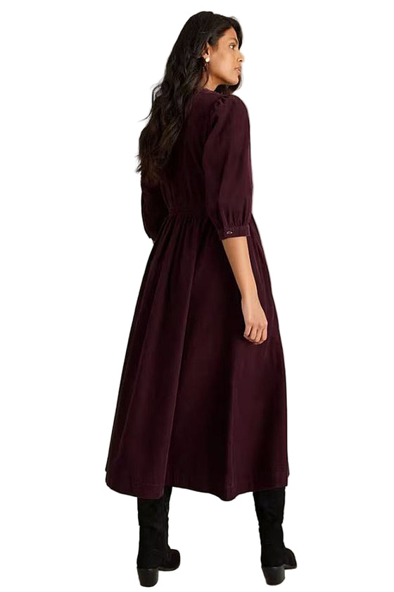 White Stuff Lucy V Neck Cord Midi Dress in Dark Plum