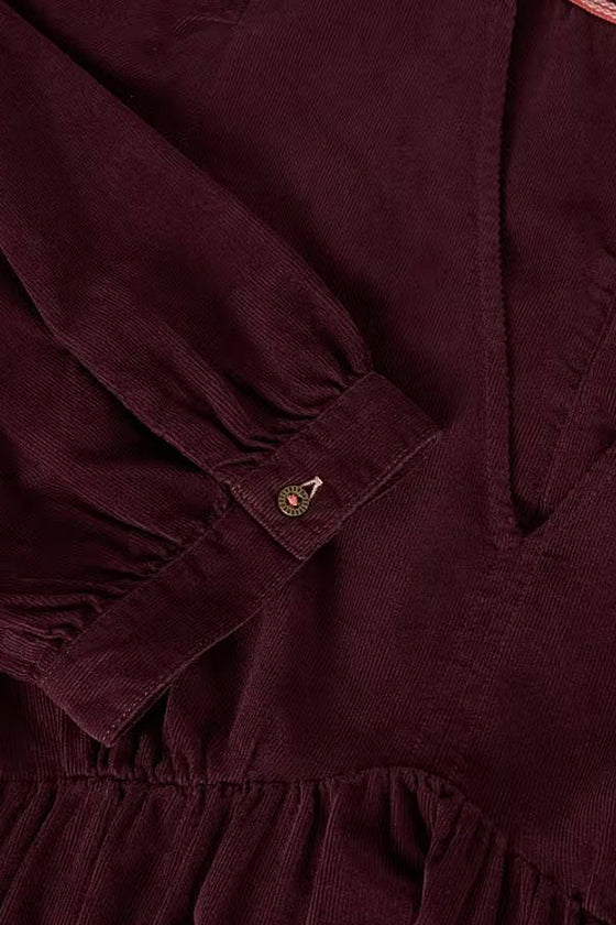 White Stuff Lucy V Neck Cord Midi Dress in Dark Plum