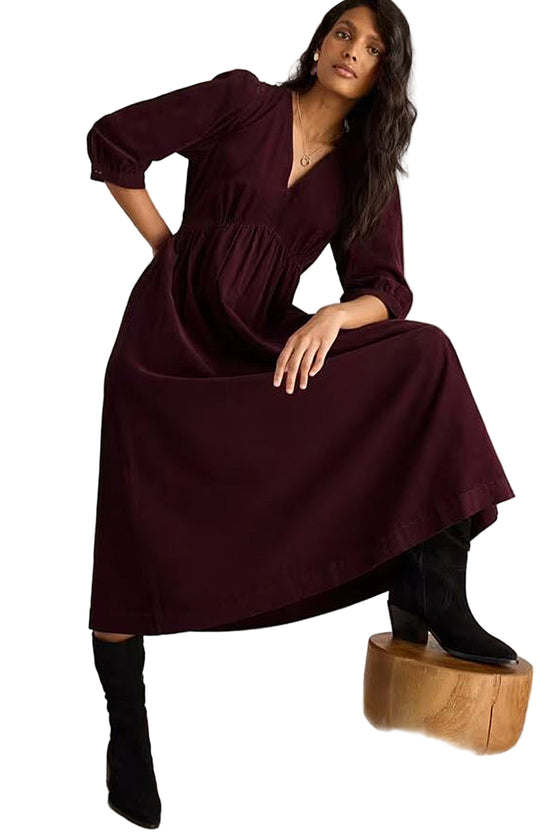 White Stuff Lucy V Neck Cord Midi Dress in Dark Plum