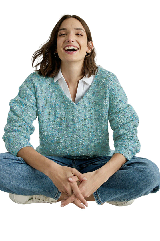 White Stuff Texture V Neck Sweater in Mid Blue