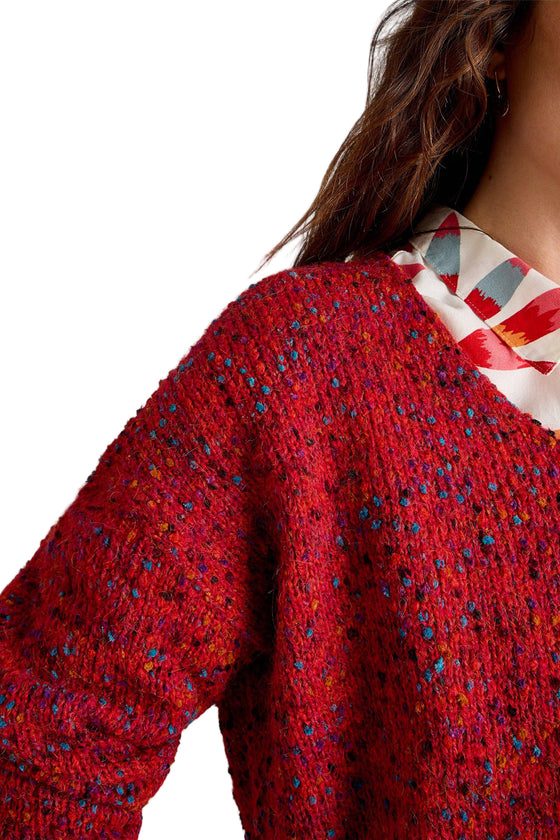 White Stuff Texture V Neck Sweater in Mid Red