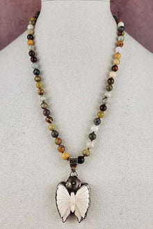  ZINC Designs Bone Butterfly Tibetan Pendant Beaded Necklace