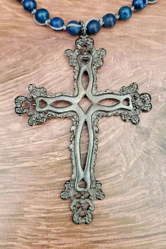 ZINC Designs Large Gunmetal Cross Pendant Beaded Necklace