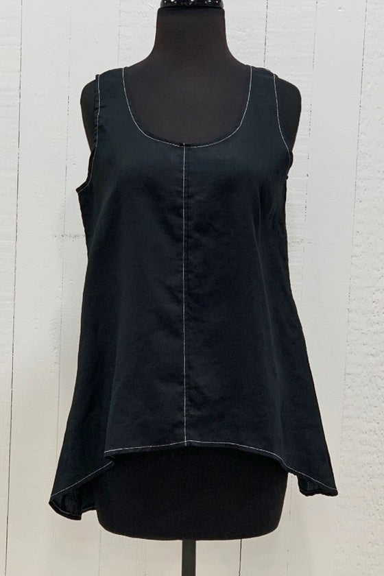 Bodil Linen Tank Top Black With White Stitching