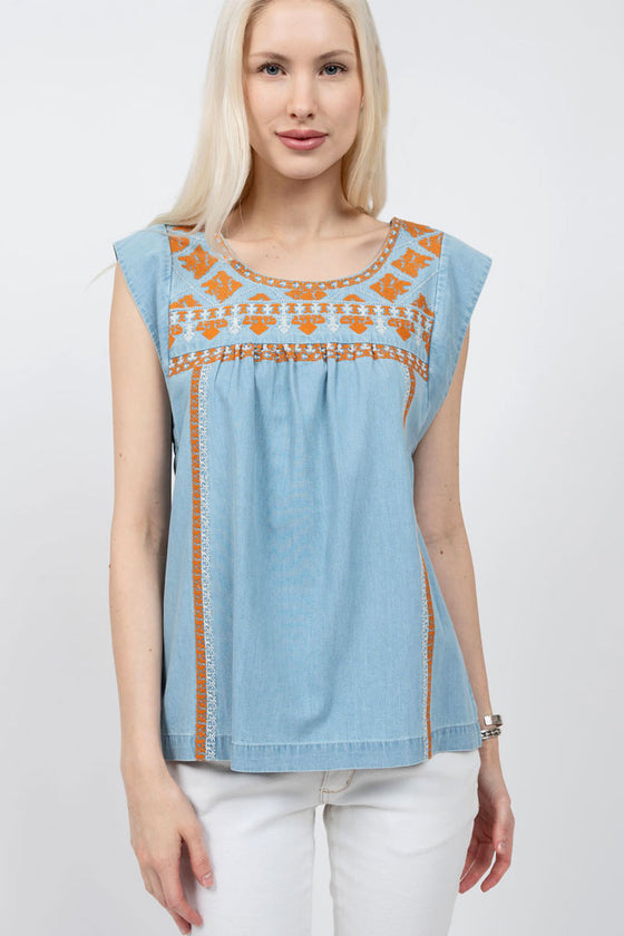 Ivy Jane Tribal Embroidered Top in Denim