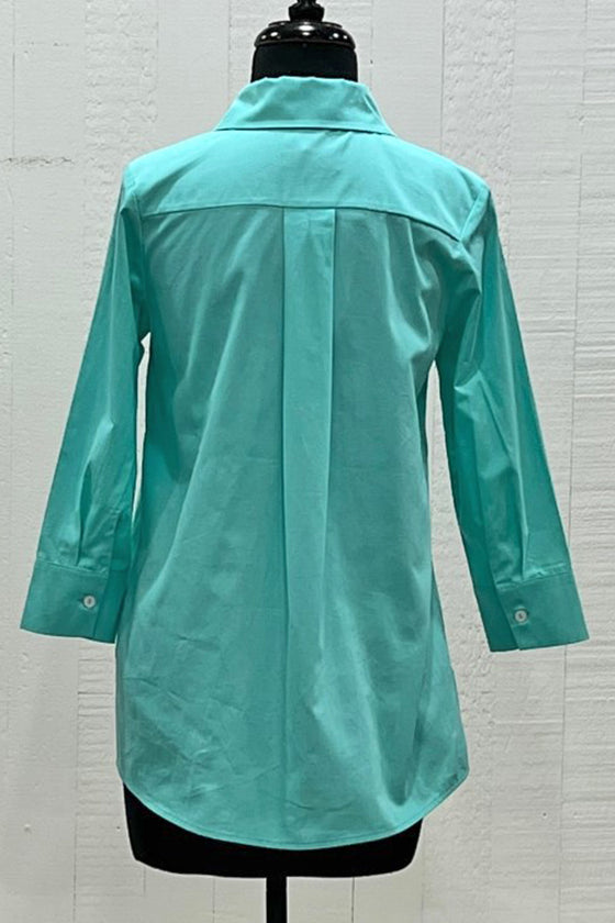 Perlavera Cotton Satin Cely 3/4 Sleeve Missy Fit Shirt in Aqua