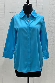  Perlavera Cotton Satin Cely 3/4 Sleeve Missy Fit Shirt in Tuquoise