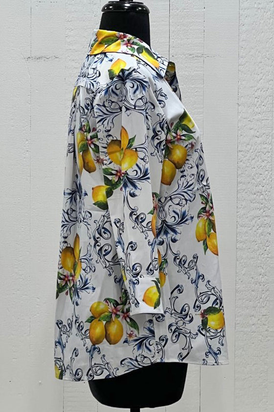 Perlavera Printed Cos 3/4 Sleeve Missy Fit Shirt in Lemon