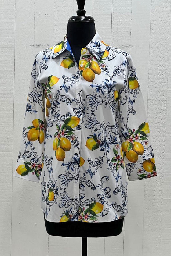 Perlavera Printed Cos 3/4 Sleeve Missy Fit Shirt in Lemon