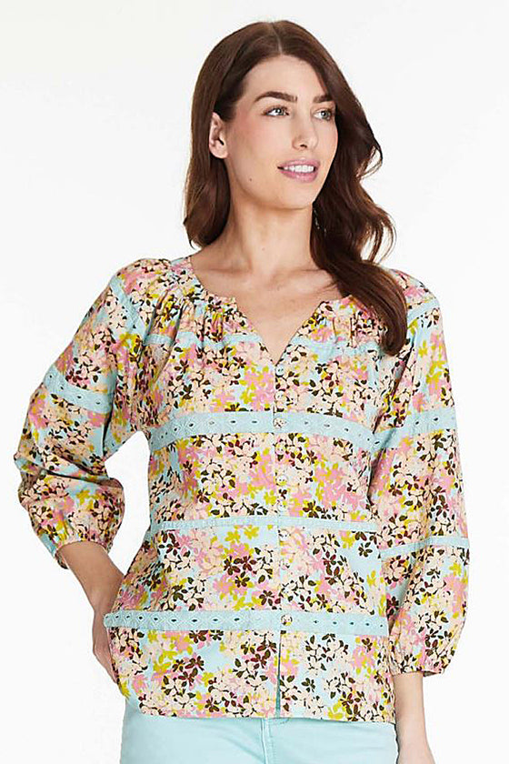 Tru Luxe Button Front Print Embroidered Top in Multi