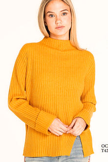  Tru Luxe Mock Neck Rib Stitch Sweater With Side Vent in Gold