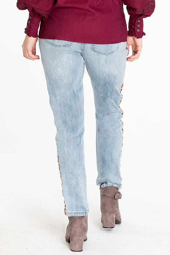 Tru Luxe Side Stripe Embroidered Jean in Multi