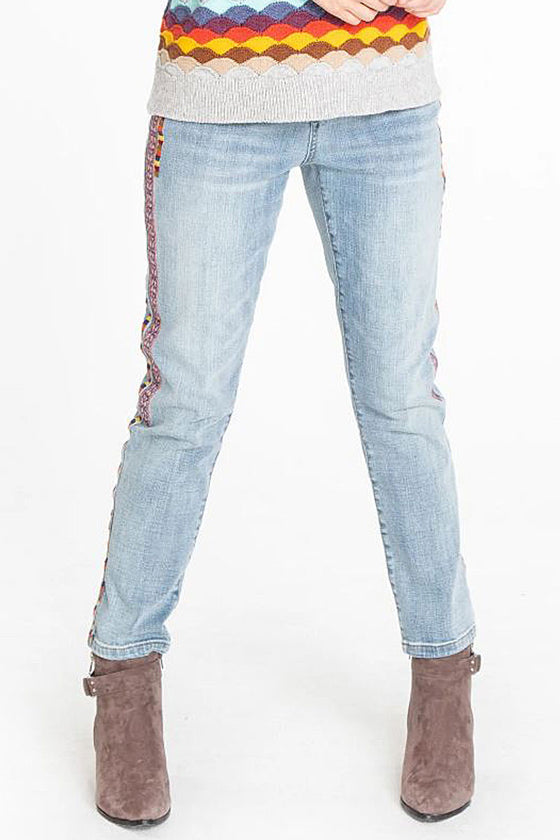 Tru Luxe Side Stripe Embroidered Jean in Multi