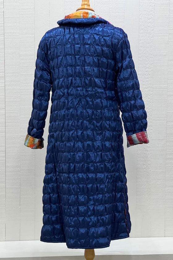 UBU Reversible Quilted Zip Front Artist Print Coat in Navy and Solitaire