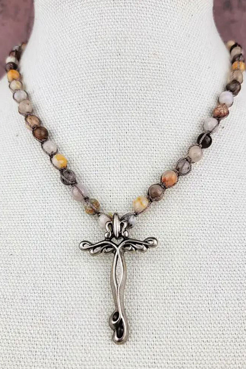  ZINC Designs Antique Silver Ornate Cross Beaded Necklace