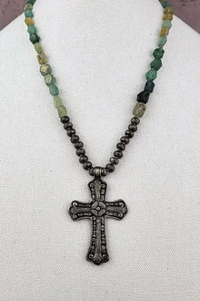  ZINC Designs Patina Tibetan Cross Pendant With Roman Glass Necklace